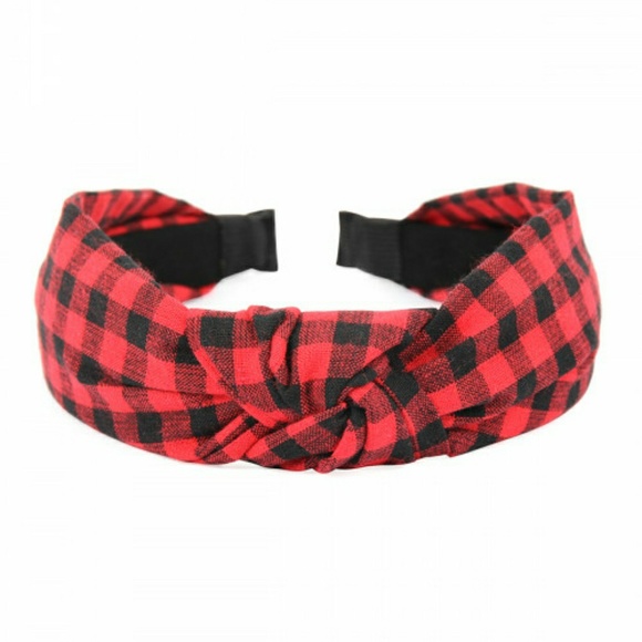 Accessories - RED PLAID KNOTTED FABRIC COATED HAIR BAND